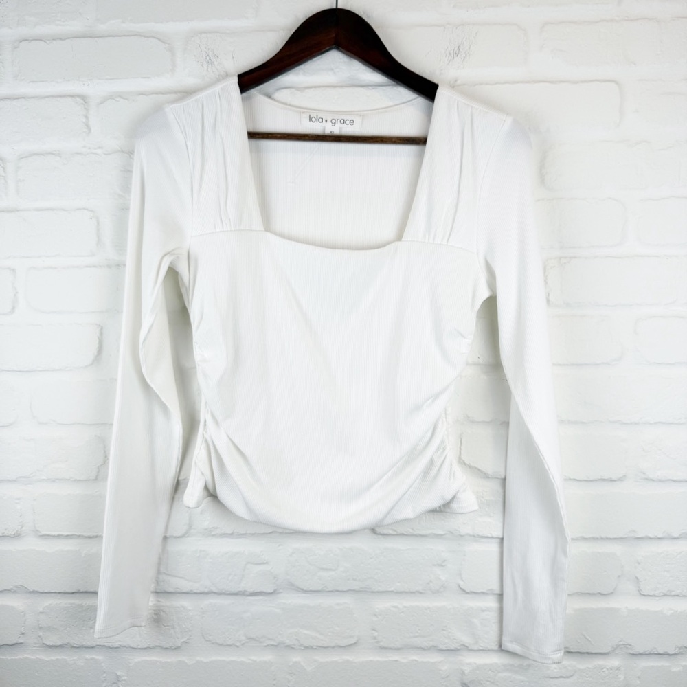 lola + Grace White Square Neck Ribbed Long Sleeve Blouse XS